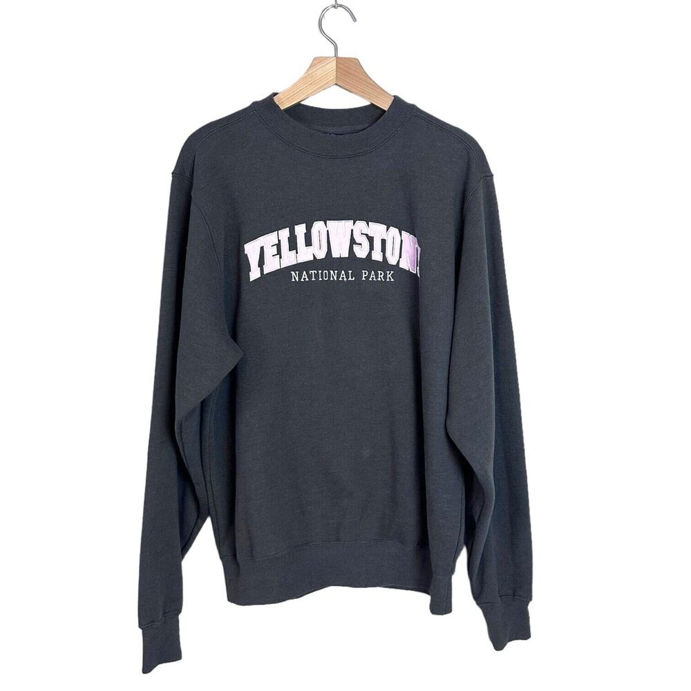 Yellowstone National Park Sweatshirt Embroidered Spell Out Grey Pink Medium BAC